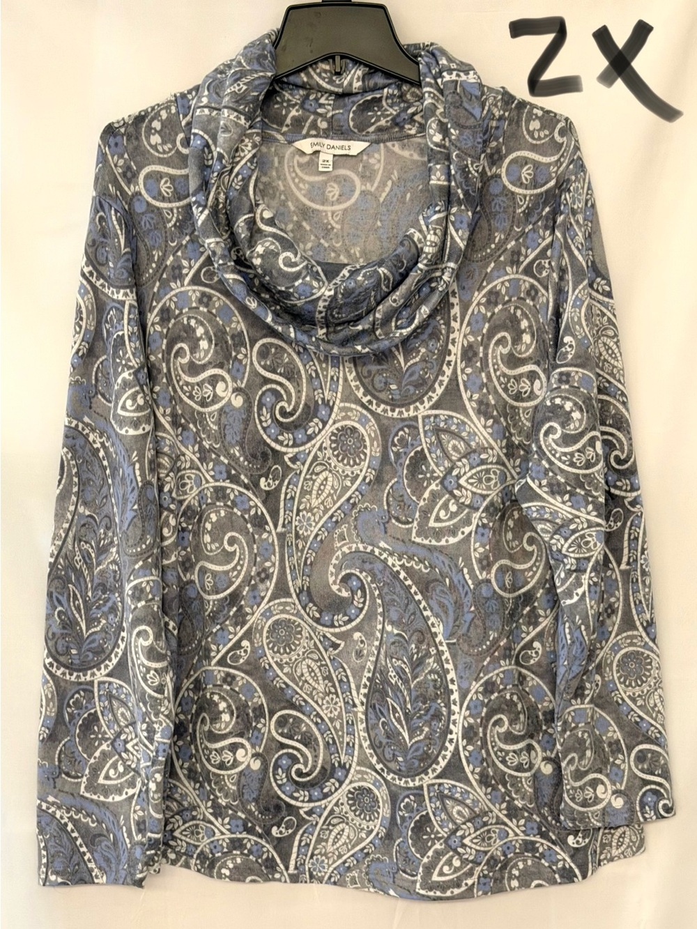 Dana Daniels Paisley Cowl Neck Sweater in Blue and Gray
